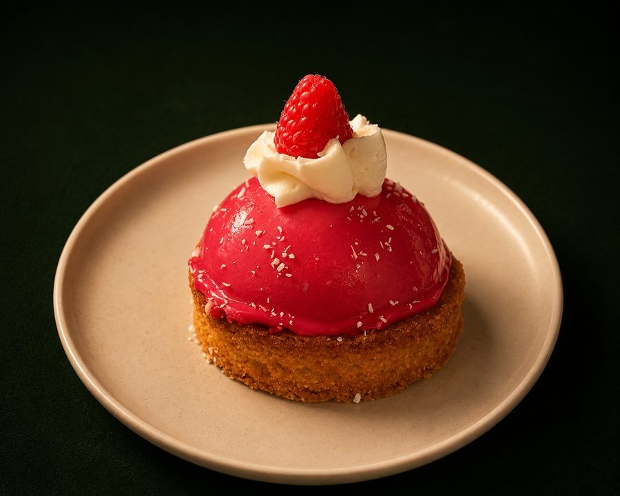 Dôme coco citron vert, coulis framboise