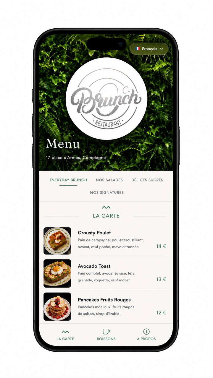 La carte O'Brunch sur un téléphone, chaque plat en photo