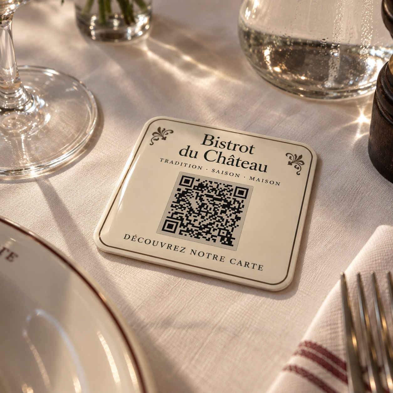 Pastille de table Bistrot du Château, scannez pour ouvrir la carte