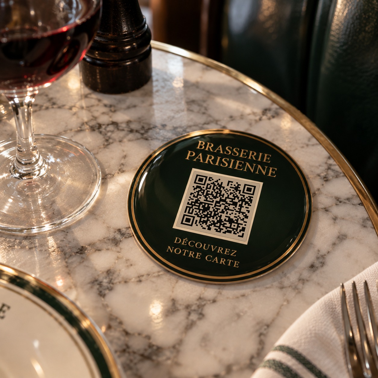 Pastille de table Brasserie Parisienne, scannez pour ouvrir la carte