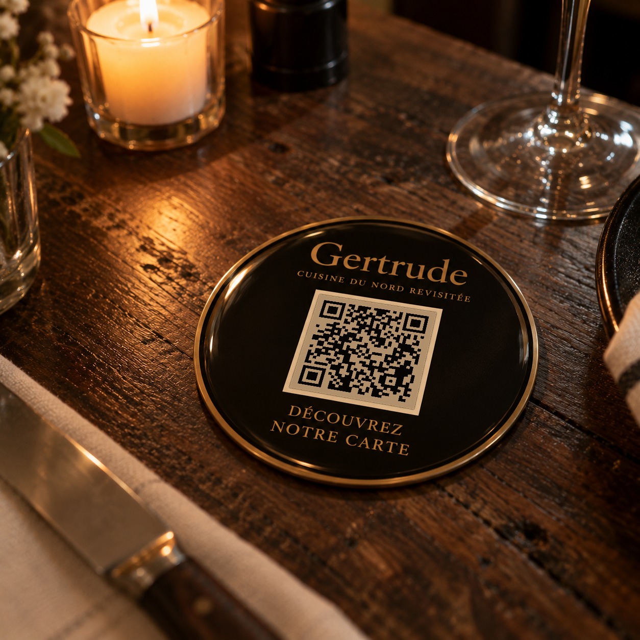 Pastille de table Gertrude, scannez pour ouvrir la carte