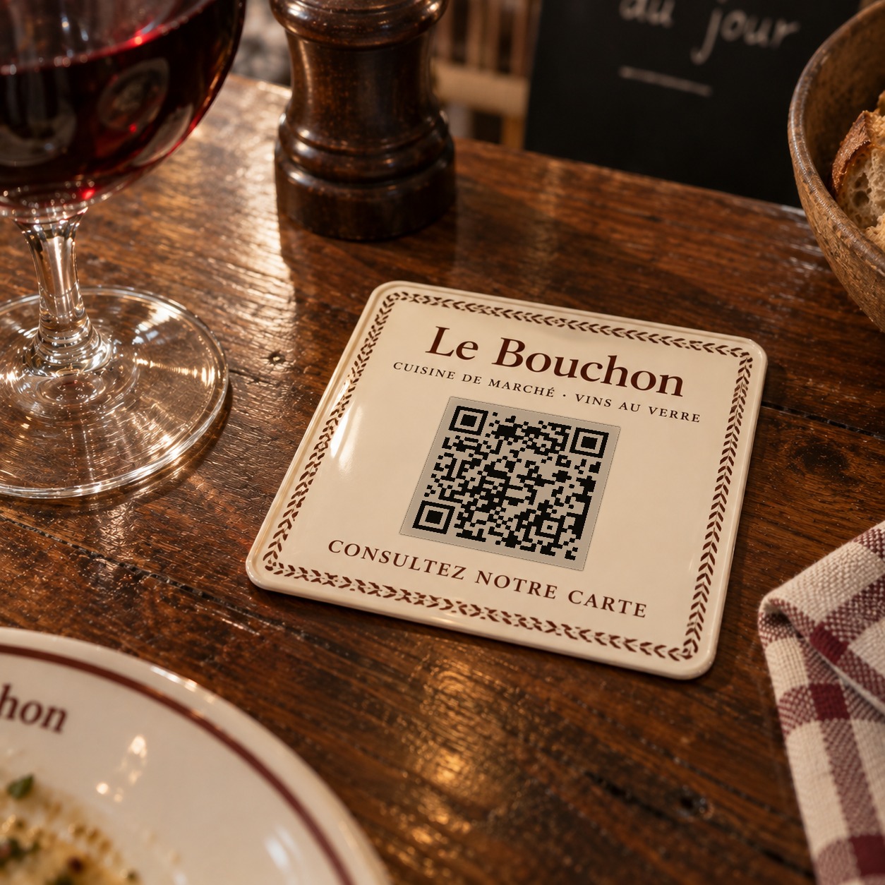 Pastille de table Le Bouchon, scannez pour ouvrir la carte