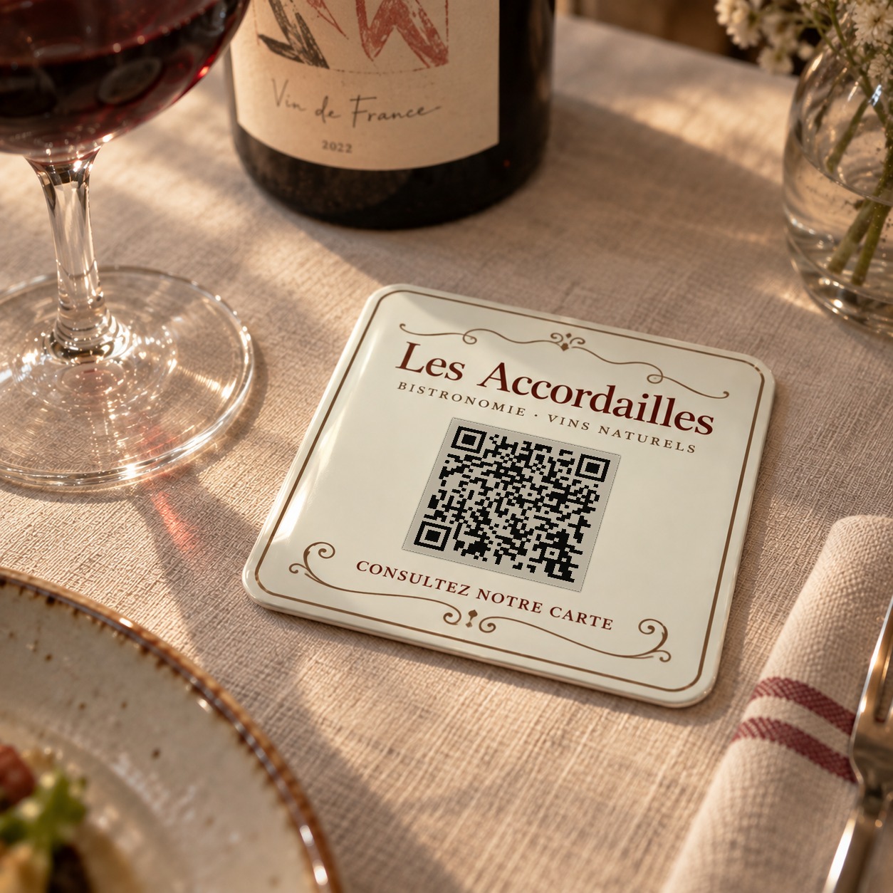 Pastille de table Les Accordailles, scannez pour ouvrir la carte