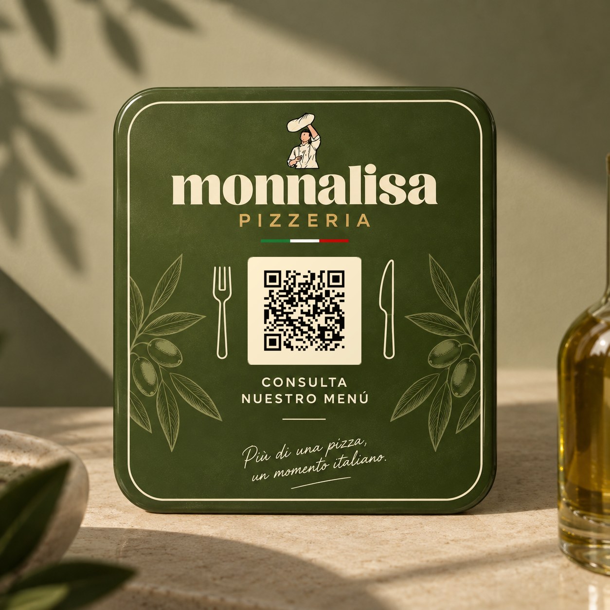 Pastille de table Monnalisa Pizzeria, scannez pour ouvrir la carte