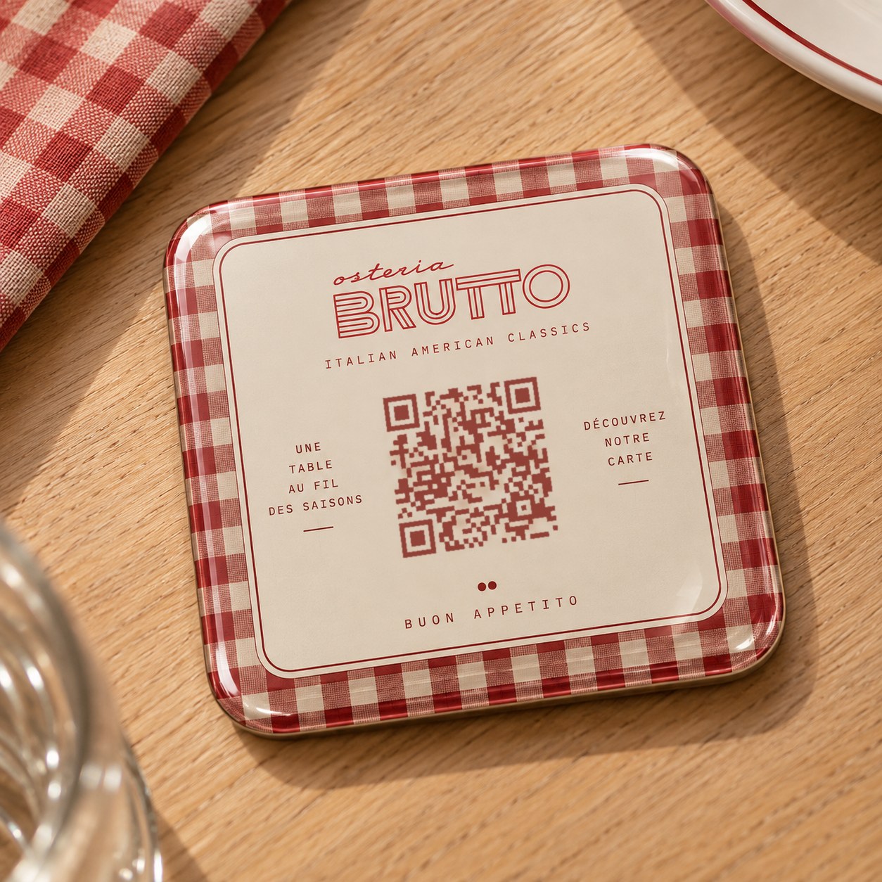 Pastille de table Osteria Brutto, scannez pour ouvrir la carte
