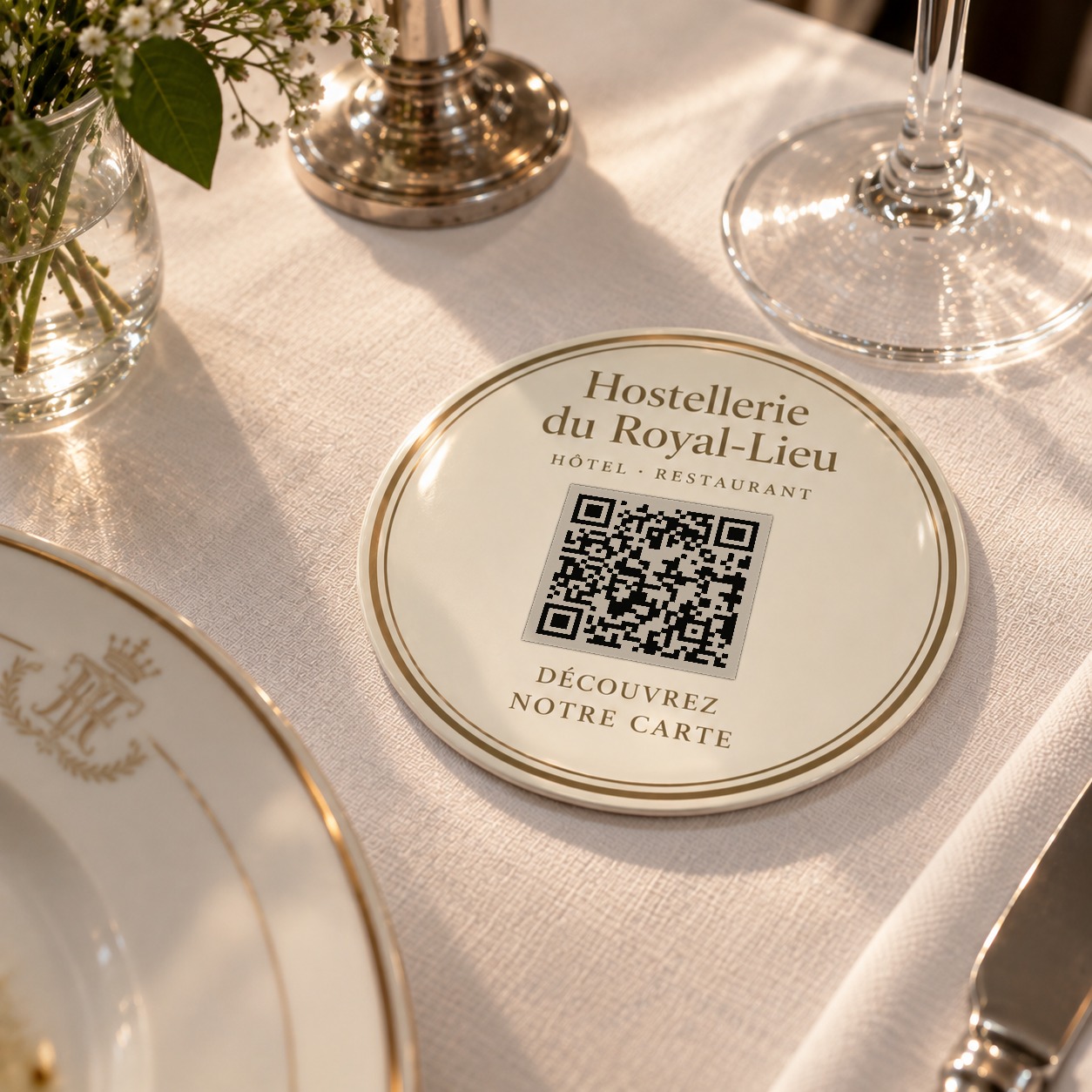 Pastille de table Hostellerie du Royal-Lieu, scannez pour ouvrir la carte