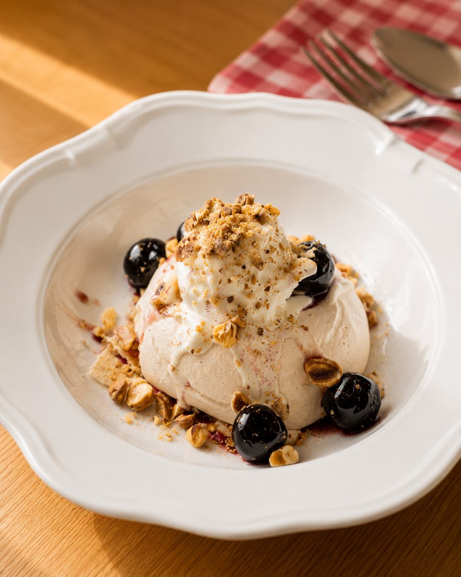 Cerises Amarena, Meringue, Crème Anglaise Marsala, Glace Fior di Latte