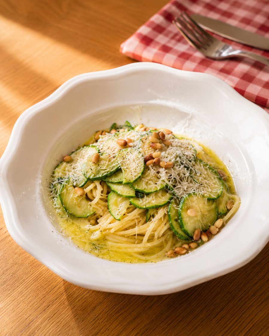 Spaghetti Courgettes, Pignons de Pin, Parmesan