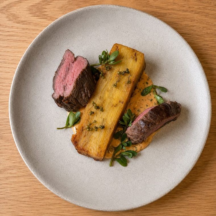Magret de canard, petits pois & rhubarbe